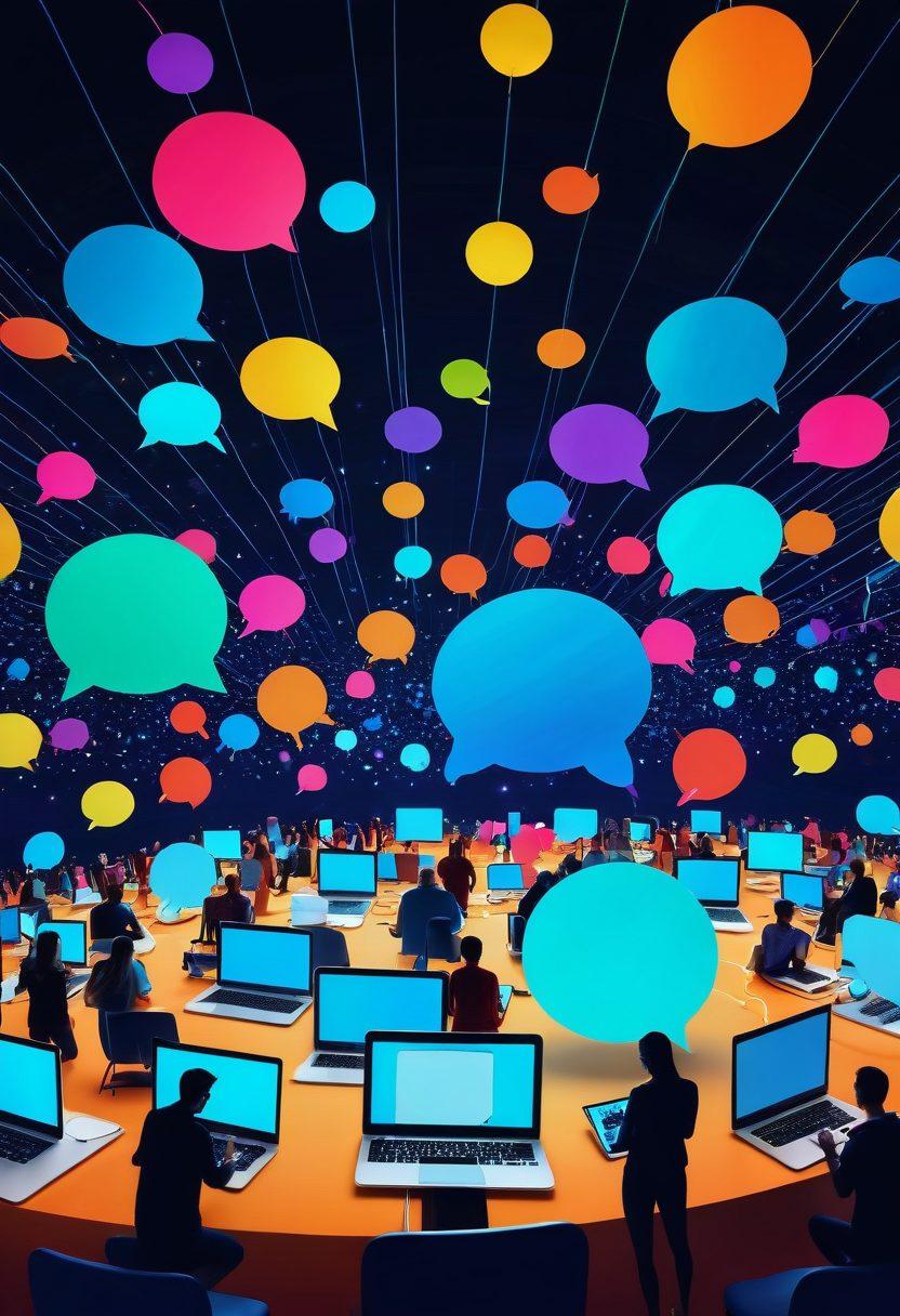 A vibrant digital landscape featuring diverse individuals connecting through virtual articles on screens, exchanging ideas and insights. Illustrate a cozy online forum setting, with speech bubbles filled with engaging content, representing community interaction. Include elements of technology, like laptops and smartphones, surrounding a central glowing globe symbolizing global connection. Set against a bright, optimistic background to convey a sense of unity and enthusiasm. super-realistic. vibrant colors. 3D.