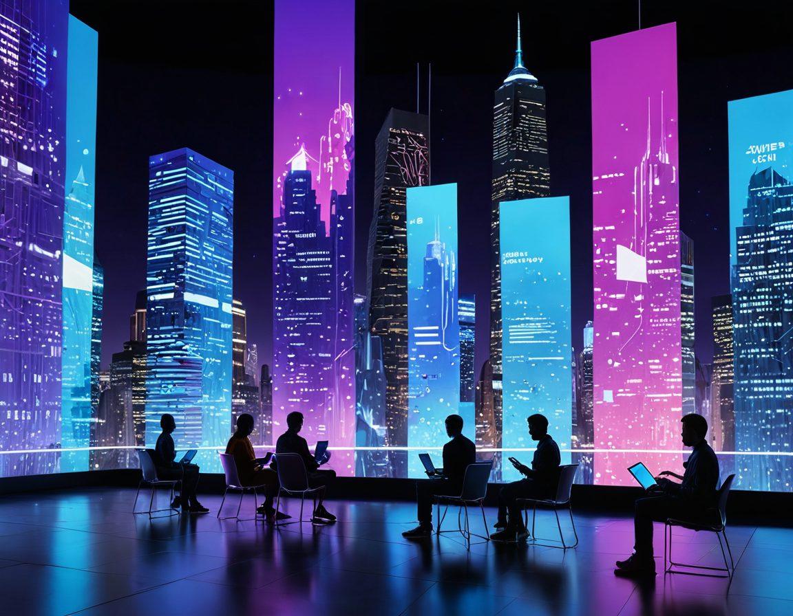 A vast, surreal digital landscape filled with floating text bubbles and screens displaying online articles, intertwined with futuristic skyscrapers made of pixels. In the foreground, a diverse group of people interact with holographic devices, exploring the world of digital journalism. The sky is a blend of electric blues and vibrant purples, symbolizing innovation and creativity. super-realistic. vibrant colors. 3D.