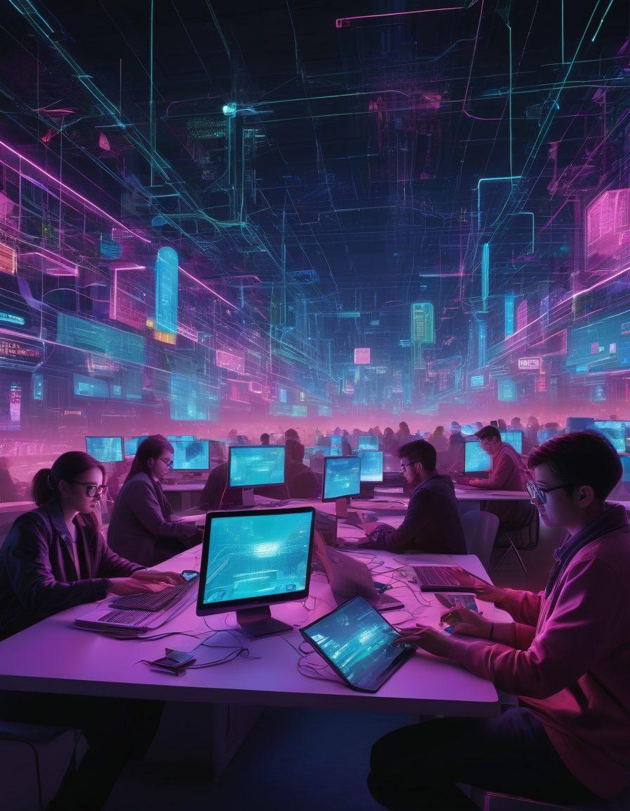 A dynamic digital landscape filled with interconnected nodes and glowing circuits, illustrating the vastness of cyberspace. Incorporate a diverse group of journalists and bloggers collaborating over laptops, surrounded by floating articles and social media icons. Use a vibrant color palette to convey energy and innovation. Highlight the contrast between traditional media and modern digital platforms. cyberpunk. vivid colors. 3D.